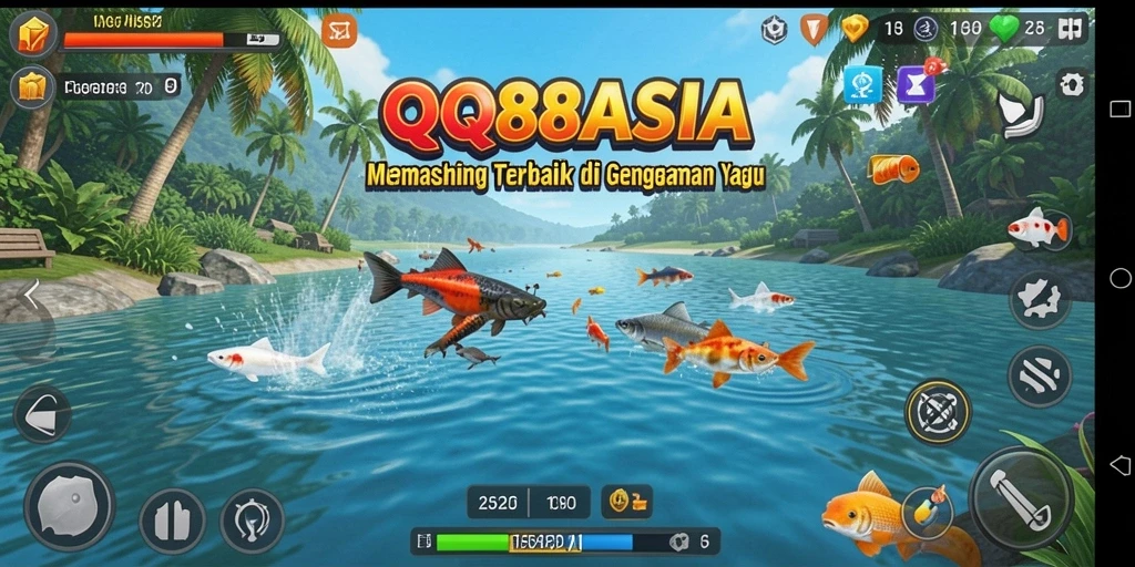 Screenshot gameplay QQ88ASIA menunjukkan momen seru memancing.