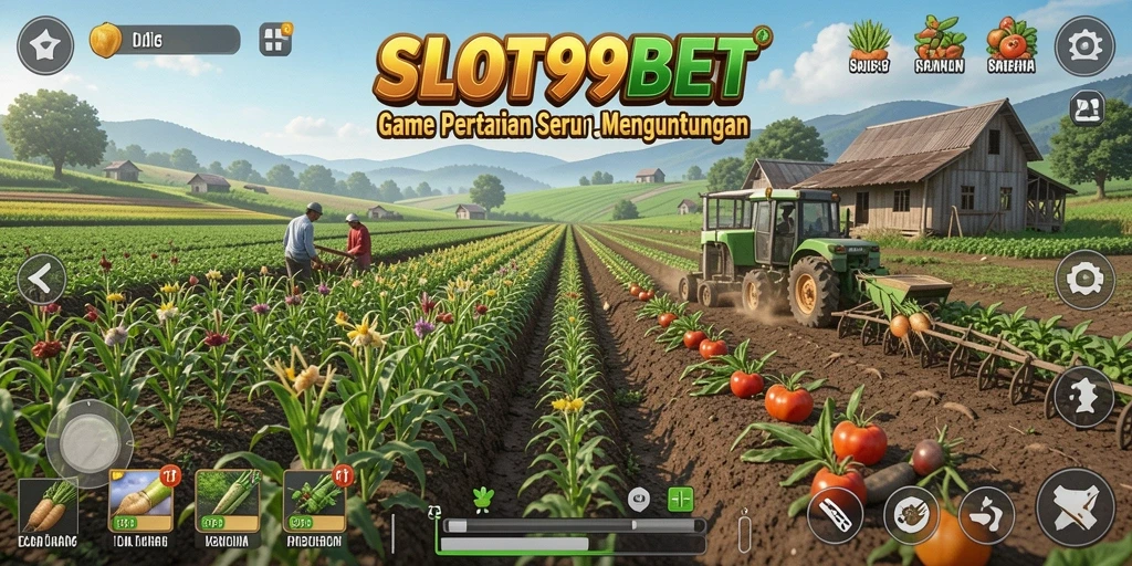 Screenshot gameplay SLOT99BET dengan kebun yang subur dan berbagai tanaman.