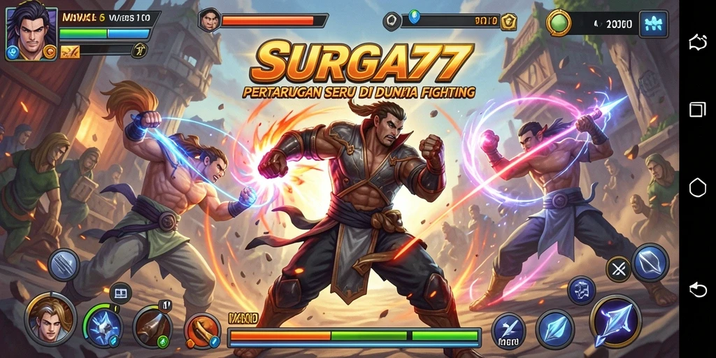 Screenshot utama menunjukkan aksi pertarungan yang intens di SURGA77.